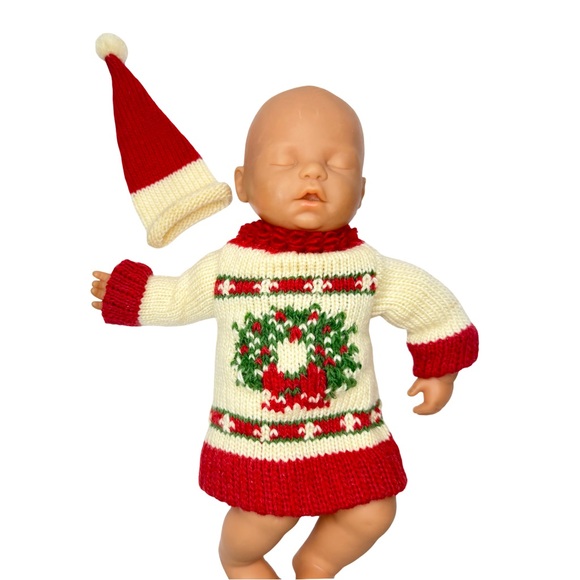 Doll or Teddy Bear Christmas Sweater and Santa Hat Set Wreath Red Creme Green - Picture 2 of 16
